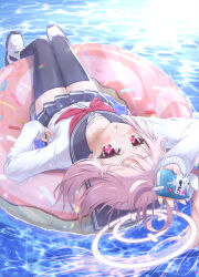  1girl absurdres ahoge arm_up black_sailor_collar black_skirt blue_archive blush boots braid bright_pupils cardigan commentary_request day donut_innertube drink_carton dutch_angle floating_hair full_body hair_between_eyes hair_spread_out halo highres holding holding_drink_carton holding_milk_carton innertube knees_together_feet_apart long_hair looking_at_viewer lying milk_carton miniskirt natsu_(blue_archive) neckerchief on_back open_mouth outdoors pink_hair pink_halo pleated_skirt red_eyes red_neckerchief sailor_collar school_uniform serafuku side_ponytail sidelocks skirt sleeves_past_wrists solo sunlight swim_ring thighs tomonx triangle_mouth trinity_general_school_logo twin_braids upside-down very_long_hair water wet wet_clothes wet_hair white_boots white_cardigan white_pupils zettai_ryouiki 