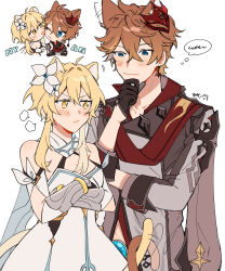  1boy 1girl :< absurdres ahoge animal_ears arm_armor arm_support bare_shoulders black_gloves blonde_hair blue_eyes blue_gem blush breasts cat_boy cat_ears cat_girl cat_tail closed_mouth collared_shirt cowboy_shot crossed_arms crossed_bangs crystal_earrings detached_sleeves dress earrings empty_eyes english_commentary english_text flower gem genshin_impact gloves grey_jacket hair_between_eyes hair_flower hair_ornament half-closed_eyes hand_on_own_chin hand_up hetero highres jacket jewelry kemonomimi_mode licking licking_another's_face long_sleeves looking_at_another lumine_(genshin_impact) majunjuu mask mask_on_head medium_breasts multiple_views one_eye_closed orange_hair red_gem red_mask red_scarf red_shirt scarf shirt short_hair sidelocks simple_background single_earring sleeveless sleeveless_dress smile speech_bubble standing tail tartaglia_(genshin_impact) thought_bubble tongue tongue_out v-shaped_eyebrows vision_(genshin_impact) white_background white_dress white_flower white_sleeves yellow_eyes 