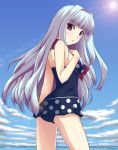  casual_one-piece_swimsuit from_behind hairband highres idolmaster long_hair looking_back one-piece_swimsuit oomugi_genmai red_eyes shijou_takane silver_hair swimsuit 