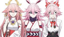  3girls :| absurdres abysssian animal_ears bare_shoulders bow bowtie breasts closed_mouth collared_shirt color_connection commentary company_connection crossover derivative_work detached_sleeves earrings english_commentary evanescia_(honkai:_star_rail) fox_ears fox_girl fox_shadow_puppet genshin_impact hair_between_eyes hair_bow hair_color_connection hair_intakes highres honkai:_star_rail honkai_(series) honkai_impact_3rd in-franchise_crossover japanese_clothes jewelry kimono long_hair long_sleeves looking_at_another medium_breasts meme mihoyo multiple_girls multiple_persona name_connection nontraditional_miko pink_eyes pink_hair purple_scarf red_bow red_bowtie sakura_ayane scarf shirt simple_background sleeveless sleeveless_kimono small_breasts smile three-headed_dragon_(meme) tongue tongue_out upper_body violet_eyes voice_actor_connection white_background white_shirt yae_miko yae_sakura yae_sakura_(gyakushinn_miko) 