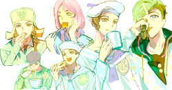  1girl 5boys absurdres anchor_ornament black_hood blue_eyes blue_sailor_collar braid brown_eyes brown_hair checkered_sweater chopsticks collared_shirt commentary_request compass_rose cup dixie_cup_hat drinking eating food grape_hat_ornament green_eyes green_hair green_jumpsuit green_sweater hair_bobbles hair_ornament hat higashikata_jobin higashikata_josuke_(jojolion) highres hirose_yasuho holding holding_bug holding_cup holding_food holding_pizza jojo_no_kimyou_na_bouken jojolion jumpsuit kira_yoshikage_(jojolion) kujo_josefumi licking long_sleeves mamezuku_rai military_hat mug multiple_boys necktie noodles one_eye_closed pink_hair pizza pompadour red_necktie sailor sailor_collar sailor_hat shirt simple_background sweater twin_braids undercut ushanka wfed5748 white_background white_sailor_collar white_shirt yellow_hat yellow_sweater 