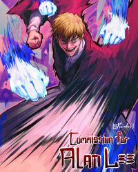  1boy absurdres blonde_hair commentary ear_piercing english_commentary highres japanese_clothes jujutsu_kaisen kornart open_mouth piercing punching short_hair solo yellow_eyes zen'in_naoya 