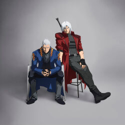  absurdres belt blue_coat blue_eyes boots coat commentary dante_(devil_may_cry) devil_may_cry_(series) english_commentary fingerless_gloves gloves grey_background highres leather_coat long_coat long_hair official_art rebellion_(sword) red_coat short_hair simple_background sitting sword sword_on_back vergil_(devil_may_cry) weapon weapon_on_back white_hair 