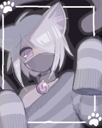  1boy ahoge animal_ear_fluff animal_ears bell bishounen black_background border cat_tail collar drawfag grey_collar grey_hair grey_shirt hair_over_one_eye ikiryo_shinya jaggy_lines kemonomimi_mode long_sleeves looking_at_viewer lowres male_focus mask mouth_mask neck_bell oekaki off-shoulder_shirt off_shoulder paw_print shirt short_hair sleeves_past_fingers sleeves_past_wrists solo striped_clothes striped_shirt tail utau white_border 
