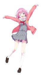  1girl :d ;d arms_up blunt_bangs bob_cut breasts brown_shoes buttons cardigan clenched_hands collarbone colorful_palette commentary dot_nose double_horizontal_stripe english_commentary full_body game_asset grey_serafuku grey_skirt hair_flaps happy kneehighs light_blush loafers looking_at_viewer medium_hair midriff_peek miniskirt miyamasuzaka_girls'_academy_school_uniform neckerchief official_art one_eye_closed ootori_emu open_cardigan open_clothes open_mouth pink_cardigan pink_eyes pleated_skirt pocket project_sekai red_neckerchief sailor_collar school_uniform serafuku shoes simple_background skirt small_breasts smile smiley_face socks solo standing standing_on_one_leg tachi-e third-party_source tongue transparent_background white_sailor_collar white_socks 