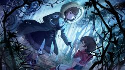  2girls ahoge black_boots black_gloves blue_dress blunt_bangs boots brown_hair capelet card_commentary coat commentary_request cosplay dew_drop dress dutch_angle evil_smile floral_print forest frilled_boots frilled_dress frilled_footwear frills fur-trimmed_hood fur_trim game_asset gloves green_coat half-closed_eyes helping hood hood_up hooded_capelet hooded_coat idolmaster idolmaster_million_live! idolmaster_million_live!_theater_days kinoshita_hinata knee_boots little_red_riding_hood_(fairy_tale) little_red_riding_hood_(fairy_tale_character) little_red_riding_hood_(fairy_tale_character)_(cosplay) long_sleeves looking_at_another moonlight multiple_girls nature night offering_hand_to_another official_art outdoors plant puffy_sleeves red_capelet red_hood short_dress short_hair sidelocks silk sitting smile spider_web third-party_source tree water_drop white_dress yokoyama_nao 