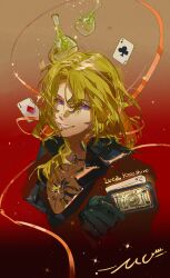  1boy absurdres ace_(playing_card) ace_of_clubs ace_of_diamonds black_gloves blonde_hair card character_name chest_tattoo chinese_commentary choker club_(shape) commentary_request diamond_(shape) flask gloves grin hair_over_one_eye highres holding holding_card looking_at_viewer luca_kaneshiro male_focus medium_hair muyihui nijisanji nijisanji_en parted_hair pendant_choker playing_card portrait red_background signature simple_background smile solo sparkle tattoo violet_eyes volumetric_flask 