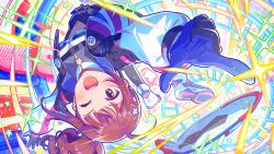  1girl :d ;d belt blue_belt blue_gloves brown_hair card_commentary commentary_request cropped_jacket drill_hair game_asset gloves hair_ornament hoverboard idolmaster idolmaster_million_live! idolmaster_million_live!_theater_days jacket long_sleeves looking_at_viewer official_alternate_costume official_art one_eye_closed open_clothes open_jacket open_mouth shoes short_hair side_drill smile solo sparkle star_(symbol) star_hair_ornament star_in_eye symbol_in_eye third-party_source two-sided_gloves upside-down violet_eyes yokoyama_nao 