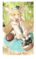  1girl absurdres animal_ears arknights basket black_cat blonde_hair blue_dress blush border cat chinese_commentary commentary_request dress feet_out_of_frame flower forest fox_ears fox_girl fox_tail frilled_dress frills green_eyes hair_between_eyes heixiu highres holding holding_basket kitsune long_hair long_sleeves looking_at_viewer lulumao luo_xiaohei luo_xiaohei_(cat) multicolored_hair multiple_tails nature neck_ribbon official_alternate_costume open_mouth outdoors red_ribbon ribbon solo streaked_hair suzuran_(arknights) suzuran_(spring_praise)_(arknights) tail teeth the_legend_of_luo_xiaohei tree upper_teeth_only white_border white_flower white_hair 