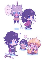  !? 3boys ? agatsuma_zenitsu black_hair black_jacket black_pants blonde_hair blue_eyes buttons chibi chibi_only commentary_request demon_slayer_uniform full_body gold_buttons green_eyes haori hashibira_inosuke high_collar highres holding holding_rope jacket japanese_clothes kikkoumon kimetsu_no_yaiba long_hair low_ponytail male_focus multiple_boys open_mouth pants ponytail print_haori red_haori rope shadow short_hair simple_background spiky_hair tomioka_giyuu white_background xi_yuu yellow_haori 