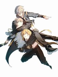  2bnerikeshi2 3boys absurdres aether_(genshin_impact) ahoge arm_armor arm_ribbon armor artist_name backlighting baggy_pants baseball_bat belt black_boots black_gloves black_jacket black_pants black_shirt blonde_hair blue_jacket boots braid brown_gloves brown_pants brown_shirt buttons caelus_(honkai:_star_rail) carrying collarbone commentary_request company_connection crossover fingerless_gloves fingernails floating_clothes floating_hair flying full_body genshin_impact gloves gold_trim green_eyes grey_belt grey_hair hair_between_eyes hand_on_another's_head highres holding holding_baseball_bat honkai:_star_rail honkai_(series) hood hooded_jacket index_finger_raised jacket lapels long_hair long_sleeves looking_back looking_to_the_side low-braided_long_hair low-tied_long_hair male_focus midriff mihoyo multiple_boys one_eye_closed open_clothes open_jacket open_mouth pants piggyback pointing princess_carry ribbon scarf shirt shoes short_hair short_sleeves shoulder_armor simple_background single_braid sitting sneakers sweatdrop t-shirt teeth trailblazer_(honkai:_star_rail) two-sided_fabric two-sided_jacket v-shaped_eyebrows watermark white_background white_scarf white_shirt white_shoes wise_(zenless_zone_zero) yellow_eyes yellow_jacket zenless_zone_zero 