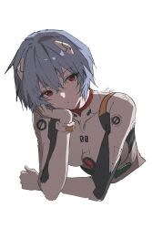  1girl artist_name ayanami_rei blue_hair bodysuit bolt_(hardware) breasts covered_collarbone crossed_bangs eyelashes hair_between_eyes half-closed_eyes hand_on_own_face hand_up headset highres interface_headset_(evangelion) looking_at_viewer mecha_pilot_suit neon_genesis_evangelion number_print plugsuit_(evangelion) red_eyes ru_neko_ru short_hair simple_background small_breasts solo upper_body white_background white_bodysuit 