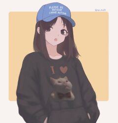  1girl animal_print autism ayu_mu00 azumanga_daioh black_hoodie blue_hat border brown_eyes brown_hair cat cat_print commentary english_commentary english_text film_grain hands_in_pockets hat highres hood hoodie i_heart... kasuga_ayumu light_blush long_sleeves looking_at_viewer medium_hair meme open_mouth please_be_patient_i_have_autism_(meme) simple_background solo teeth twitter_username upper_body upper_teeth_only white_border yellow_background 