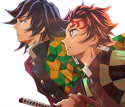  2boys black_hair blue_eyes bright_pupils brown_hair buttons closed_mouth commentary_request demon_slayer_uniform earrings hanafuda_earrings haori i_met_maria_02 japanese_clothes jewelry kamado_tanjirou katana kimetsu_no_yaiba long_hair low_ponytail male_focus multiple_boys pink_eyes ponytail print_haori profile red_haori scar scar_on_face scar_on_forehead short_hair simple_background spiky_hair sword tomioka_giyuu upper_body v-shaped_eyebrows weapon white_background white_pupils 