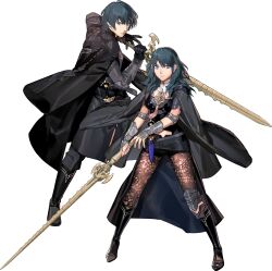  1boy 1girl arm_guards black_boots black_pants blue_eyes blue_hair boots coat dagger elbow_pads female_byleth_(fire_emblem) fire_emblem fire_emblem:_three_houses floating_clothes full_body gloves highres holding holding_sword holding_weapon jacket jacket_on_shoulders knee_boots knee_pads knife kurahana_chinatsu legs_apart long_hair long_sleeves looking_at_viewer male_byleth_(fire_emblem) official_art pants pantyhose second-party_source serious short_hair short_shorts shorts simple_background sword sword_of_the_creator transparent_background weapon 