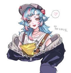  1girl :d animal_ears arknights bird_ears bird_girl black_hat black_jacket blue_hair commentary_request dddddvkoko fang hat hat_ornament heart highres jacket jewelry long_hair multicolored_hair necklace off_shoulder open_clothes open_jacket open_mouth overalls paint_splatter paint_splatter_on_face pink_streaks shirt short_eyebrows simple_background sleeves_past_fingers sleeves_past_wrists smile solo spoken_heart streaked_hair teeth tippi_(arknights) upper_body upper_teeth_only white_background white_shirt yellow_eyes 