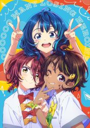  3girls aqua_streaks blue_background blue_eyes blue_hair blush bow bowtie braid brown_hair closed_mouth collared_shirt commentary_request copyright_name cover cover_page dark-skinned_female dark_skin double_v facepaint food food-themed_hair_ornament fruit green_bow green_bowtie green_streaks grey_trim grin hair_ornament heart_on_cheek highres kawakami_tetsuya komari_chika lemon lemon_hair_ornament lemon_slice long_hair looking_at_viewer make_heroine_ga_oo_sugiru! multicolored_hair multiple_girls official_art one_eye_closed open_mouth orange_background orange_bow orange_bowtie paw_print pink_streaks red_bow red_bowtie red_hair school_uniform shirt short_hair short_sleeves smile star_(symbol) streaked_hair tan tsuwabuki_high_school_uniform v violet_eyes white_shirt yakishio_lemon yanami_anna yellow_background yellow_bow yellow_bowtie yellow_eyes 