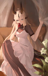  1girl absurdres ahoge apple arknights blonde_hair blue_eyes blush bodystocking breasts commentary_request couch curtains dragon_girl dragon_horns dragon_tail dress feet_out_of_frame flower food fruit highres holding holding_food holding_fruit horns long_hair looking_at_viewer nanami_alice official_alternate_costume on_couch reed_(arknights) reed_the_flame_shadow_(arknights) short_sleeves sitting small_breasts solo tail very_long_hair white_dress white_flower 