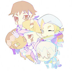  5boys armlet baseball_cap belt beret blonde_hair blue_eyes blue_hair blue_hat blue_overalls bodysuit braid brothers brown_hair charming_man chibi chibi_only commentary dragona_joestar dreadlocks facepaint flower_wreath green_bodysuit grey_belt grey_hair grey_shirt hair_between_eyes hair_ornament hat head_wreath heart_ornament hood hood_down hooded_overalls jewelry jodio_joestar jojo_no_kimyou_na_bouken leotard long_bangs looking_at_viewer lying multicolored_hair multiple_boys one_eye_closed orange_hat overalls paco_laburantes parted_bangs pink_leotard shirt short_hair short_sleeves shoulder_belt siblings side_braid simple_background single_braid sleeveless sleeveless_shirt star_(symbol) star_hair_ornament the_jojolands usagi_aloha'oe wfed5748 white_background white_overalls wristband 
