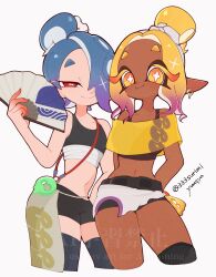  2girls 333surimi blonde_hair blue_hair colored_eyelashes crop_top dark-skinned_female dark_skin frye_(splatoon) frye_(splatoon_raiders) hair_over_one_eye hand_fan highres inkling long_eyelashes medium_hair multiple_girls octoling red_eyes shiver_(splatoon) shiver_(splatoon_raiders) short_eyebrows smile splatoon_(series) splatoon_raiders sports_bra tentacle_hair topknot white_background yellow_eyes 