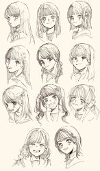  6+girls commentary_request hair_ornament hanamiya_nina hasu_no_sora_school_uniform hayama_fuka highres kan_kanna kurusu_rin lineart miyake_miu monochrome multiple_girls nirei_nozomi nonaka_kokona ponytail portrait real_life sakurai_hina sasaki_kotoko school_uniform shin_(shnnnnrn1) shindou_amane tsukine_kona twintails 