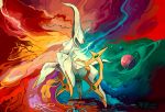  abstract_background arceus arms_up commentary floating kimbo-demonica looking_at_viewer no_humans planet pokemon pokemon_(creature) red_eyes signature solo 