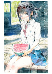  1girl absurdres blue_skirt breasts collared_shirt commentary_request food fruit hair_ribbon highres holding holding_food holding_fruit li_(lithium0522) light_blush miniskirt neck_ribbon original painting_(medium) pleated_skirt ponytail ribbon school_uniform shirt short_ponytail sitting skirt small_breasts smile solo traditional_media translation_request veranda watercolor_(medium) watermelon watermelon_slice white_shirt 