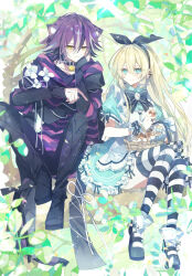  1boy 1girl :/ absurdres alice's_adventures_in_wonderland alice_(alice_in_wonderland) animal_ear_fluff animal_ears ankle_socks apron aqua_dress aqua_eyes aqua_wrist_cuffs baggy_clothes basket bell belt_collar black_bow black_bowtie black_collar black_hairband black_pants black_ribbon black_shoes black_streaks blonde_hair bow bow_hairband bowtie button_dress buttons cat_boy cat_ears checkerboard_cookie cheshire_cat_(alice_in_wonderland) closed_mouth collar collared_dress commentary_request cookie cupcake day double-parted_bangs dress ear_ribbon earrings eye_contact flower food food_on_face frilled_apron frilled_dress frilled_wrist_cuffs frills full_body green_background hair_between_eyes hair_flaps hairband highres holding holding_cookie holding_food hood hood_down hoodie in_tree jewelry jingle_bell knees_together_feet_apart layered_sleeves leaf light_blush long_hair long_sleeves looking_at_another loose_clothes mary_janes multicolored_hair neck_bell pants personification pointing pointing_at_food pointing_at_object puffy_short_sleeves puffy_sleeves purple_hair purple_hoodie ribbon ribbon-trimmed_dress ribbon_trim shirt shoes short_dress short_hair short_over_long_sleeves short_sleeves side-by-side sitting sleeve_bow slit_pupils smile socks socks_over_thighhighs sparkle straight_hair streaked_hair striped_clothes striped_hoodie striped_thighhighs sweatdrop thigh-highs tree twitter_username undershirt v-shaped_eyebrows white_apron white_flower white_ribbon white_socks white_streaks wing_collar wrist_bow wrist_cuffs yakinikusakoku yellow_eyes zettai_ryouiki 