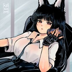  1girl animal_ear_fluff animal_ears black_hair black_necktie black_skirt blush breasts can chair drink_can fingerless_gloves fox_ears fox_girl gloves highres holding holding_can hoshimi_miyabi karensung long_hair looking_at_viewer necktie red_eyes shirt sitting skirt solo white_gloves white_shirt zenless_zone_zero 