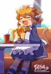  1girl =_= animal_ears animal_hands apron artist_name back_bow bell black_shoes blue_dress bow brown_hair burger cat_ears cat_girl cat_paws cat_tail closed_eyes commentary_request couch cup day disposable_cup dress drinking_straw drooling eating fang fast_food food food_wrapper french_fries frilled_apron frills full_body hair_bow holding holding_burger holding_food imminent_bite indoors jingle_bell long_sleeves maid maid_headdress meinyan_(shisui) mouth_drool neck_bell on_couch open_mouth original ponytail red_bow restaurant shisui shoes short_hair sleeves_past_wrists smile socks solo steaming_food sunlight table tail tail_raised tray white_apron white_bow white_socks window 