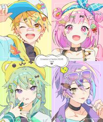  2026 2boys 2girls :p ;p absurdres alternate_costume animal_hat arm_up bandaid bandaid_on_face bandaid_on_nose baseball_cap bear_hat black_choker black_shirt blonde_hair candy choker collarbone commentary_request eyewear_on_head food green_hair hair_between_eyes hair_ornament hairclip hat headband highres holding holding_candy holding_food holding_lollipop inset_border jacket jewelry kamishiro_rui kusanagi_nene lollipop long_hair long_sleeves multiple_boys multiple_girls one_eye_closed ootori_emu open_mouth orange_eyes parallel_hairclips pink_eyes pink_hair portrait project_sekai purple-tinted_eyewear ring seashell shell shirt smile sunglasses swirl_lollipop tenma_tsukasa tinted_eyewear tongue tongue_out violet_eyes wonderlands_x_showtime_(project_sekai) yuhi_(hssh_6) 