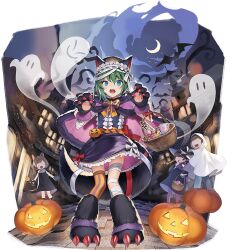  1boy 3girls alternate_costume animal_ears animal_hands bandaged_arm bandaged_head bandaged_leg bandages basket bat_(animal) black_boots black_dress blue_eyes boots bow bowtie building candy cape cat_ears cat_tail claw_pose crescent_moon dress fake_animal_ears food frilled_dress frilled_hairband frills full_body fur-trimmed_cape fur_trim game_asset ghost ghost_costume gloves green_hair hairband halloween hat holding jack-o'-lantern looking_at_viewer moon multiple_girls night no_eyes non-web_source official_art open_mouth orange_bow orange_bowtie outdoors paw_gloves paw_shoes pointing purple_cape self-datamine shiki_eiki short_dress short_hair simple_background single_thighhigh sky solo_focus standing tail thigh-highs touhou touhou_arcadia_record transparent_background tsunakawa witch_hat 