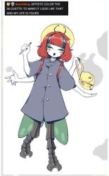  1girl absurdres antennae arthropod_girl arthropod_limbs backpack bag beastiez beetle_elytra beri_(beribug) black_hair closed_eyes coat colored_sclera colored_skin extra_arms grey_skin handbag hat highres ladybug_girl monster_girl multicolored_hair open_mouth pencil red_hair sedua_weynn smile solo standing virtual_youtuber white_background 