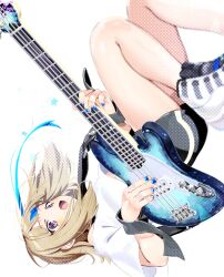  1girl :o absurdres black_wrist_cuffs blue_hair blue_nails blush brown_hair electric_guitar english_commentary grey_shorts guitar guitar_strap highres instrument legs medium_hair multicolored_hair nail_polish open_mouth original playing_guitar playing_instrument riripoinya shirt shoes shorts simple_background sneakers solo star_(symbol) strapless strapless_shirt streaked_hair t-shirt two-tone_hair upside-down violet_eyes white_background white_shirt wrist_cuffs 