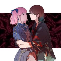  2girls black_jacket blue_hair blue_jacket blue_streaks center_frills closed_mouth commentary earrings eye_contact frills girls_band_cry gradient_hair hand_on_another's_arm happi highres hina_(girls_band_cry) iseri_nina jacket japanese_clothes jewelry krisjennnnn kuuhaku_to_catharsis looking_at_another multicolored_hair multiple_girls pink_hair red_hair shirt streaked_hair twintails white_shirt yuri 