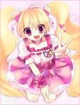  :d bad_id blonde_hair character_name choker cure_peach fresh_precure! heart long_hair magical_girl momozono_love no_eyes open_mouth pink_eyes precure puffy_sleeves skirt smile solo twintails v white_background wrist_cuffs yamako_(ichi6513) 