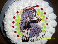  1girl animal_ears bad_source black_shoes black_suit blazer cake cake_(medium) dadaozhang dated finger_gun food food_art_(medium) food_focus full_body icing jacket long_hair miniskirt necktie no_humans open_mouth pale_skin photo_(medium) pink_eyes pink_skirt purple_hair rabbit_ears rabbit_girl red_necktie reisen_udongein_inaba shoes skirt solo sprinkles suit touhou unconventional_media 