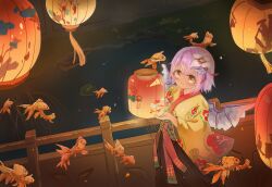  1girl absurdres animal armor black_hakama blush bow bridge chinese_commentary commentary feathered_wings feet_out_of_frame fish floating flower flying from_above from_side grass hair_flower hair_ornament hakama highres holding holding_lantern japanese_armor japanese_clothes kimono lantern light_particles lily_pad looking_at_viewer mystia_lorelei night outdoors paper_lantern pond purple_hair purple_wings qinweiq sash short_hair shoulder_armor smile solo touhou walking water wide_shot wings yellow_eyes yellow_kimono yukata 