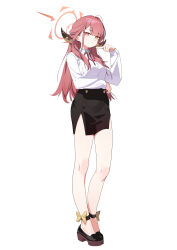  1girl absurdres ankle_bow ankle_strap arm_under_breasts aru_(blue_archive) black_shoes black_skirt blue_archive bow breasts brown_horns chinese_commentary commentary_request feishi full_body hair_over_shoulder halo highres horns large_breasts long_hair low_horns neck_ribbon pencil_skirt pink_hair pink_halo pointing pointing_at_self red_ribbon ribbon shirt shirt_tucked_in shoes side_slit simple_background skirt solo standing white_background white_shirt yellow_eyes 