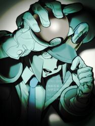  1boy adjusting_clothes adjusting_headwear commentary gloves grey_eyes high_collar highres ingo_(pokemon) looking_at_viewer male_focus necktie open_mouth poke_ball poke_ball_(basic) pokemon pokemon_black_and_white short_hair solo sorudammu spotlight untranslatable_commentary white_gloves 