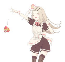  1girl :d alternate_costume apron black_shirt black_shorts black_thighhighs blonde_hair blush bow bowtie box closed_eyes collared_shirt commentary_request contrast_collar enmaided feet_out_of_frame frilled_apron frills gakuen_idolmaster hair_ornament hairclip heart-shaped_box highres idolmaster long_hair maid maid_apron motion_lines open_mouth parallel_hairclips parted_bangs red_bow red_bowtie sakana_(flame_sakana) shinosawa_hiro shirt short_sleeves shorts sidelocks simple_background smile solo standing sweat thigh-highs throwing white_apron white_background wrist_cuffs 