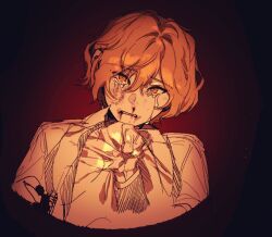  1boy blonde_hair blood blood_on_face coat coat_on_shoulders collared_shirt commentary_request crying highres korean_commentary limbus_company mangsug12_40 nosebleed partially_colored pov pov_hands project_moon shirt sinclair_(project_moon) solo upper_body yellow_eyes 