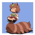  :&lt; animal_ears chibi frown futatsuiwa_mamizou indian_style onikobe_rin prehensile_tail raccoon_ears raccoon_tail short_hair simple_background sitting solo tail tail_stand touhou what 
