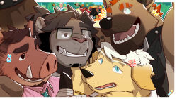  +++ 6+boys alpaca_boy alpaca_ears amare_(wtdl) anger_vein animal_ears annoyed bandaged_hand bandages black_shirt bracelet captainkaru caracal_boy closed_eyes demon_boy demon_horns dog_boy dog_ears english_commentary fangs fortis_(wtdl) frog_boy furry furry_male glasses highres horns hyena_boy hyena_ears jewelry king_(wtdl) kobu_(wtdl) lion_boy lion_ears lion_mane looking_up lucian_(wtdl) male_focus morris_(wtdl) multiple_boys nox_(wtdl) open_mouth pig_boy pig_ears pink_shirt portal_(object) scar scar_across_eye scar_on_face shirt smile spiked_bracelet spikes sweatdrop toast_(wtdl) torn_clothes where_the_demon_lurks white_shirt 