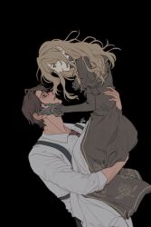  1boy 1girl black_background brown_dress brown_eyes brown_hair carrying carrying_person catherine_(project_moon) chest_harness collared_shirt commentary_request dark-skinned_male dark_skin dress harness heathcliff_(project_moon) highres korean_commentary limbus_company long_hair mangsug12_40 necktie project_moon red_necktie shirt simple_background white_shirt 