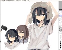  2girls adachi_sakura adachi_to_shimamura art_program_in_frame black_hair blush brown_eyes brown_hair closed_mouth drying drying_another's_hair drying_hair drying_own_hair grey_eyes grey_shirt hair_dryer holding holding_hair_dryer ichiha_(ichi_u2) multiple_girls shimamura_hougetsu shirt simple_background towel towel_on_head white_background white_shirt 