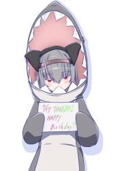  1girl animal_costume asagi501 character_request commentary_request cosplay creator_name drop_shadow grey_hair hair_between_eyes happy_birthday highres holding holding_sign kigurumi light_blush original red_eyes shark_costume sign simple_background solo straight_hair upper_body vrchat white_background 