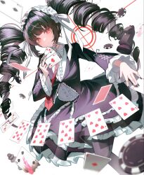  1girl black_dress black_hair black_nails black_pantyhose blood blunt_bangs breasts burnt card celestia_ludenberg closed_mouth coin commentary_request danganronpa:_trigger_happy_havoc danganronpa_(series) dress drill_hair fingernails highres holding holding_card jewelry large_breasts long_hair looking_at_viewer pantyhose pink_blood red_eyes ring sharp_fingernails sidelocks simple_background solo standing standing_on_one_leg tsuyu810 twin_drills very_long_hair white_background white_headdress 