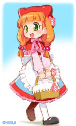  1girl animal_ear_headwear apron artist_name basket black_shoes blunt_bangs bow bowtie capelet commentary_request flower frilled_apron frilled_capelet frills full_body green_eyes hair_bobbles hair_ornament hat hat_flower holding holding_basket lilpri little_red_riding_hood_(lilpri) long_hair looking_to_the_side mary_janes open_mouth orange_hair picnic_basket pink_bow pink_bowtie pink_flower pink_shirt red_capelet red_hat red_skirt shirt shisui shoes skirt smile solo standing thigh-highs waist_apron walking white_apron white_thighhighs 