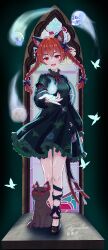  1girl :3 :d absurdres animal_ears artist_name black_cat black_shoes blue_butterfly blue_fire bow braid bug butterfly cat cat_ears cat_tail chinese_commentary commentary_request dress extra_ears fang fire flaming_skull floating_skull floral_print frilled_dress frills full_body green_dress hair_bow highres kaenbyou_rin kaenbyou_rin_(cat) kagurachiriri leg_ribbon long_hair long_sleeves looking_at_viewer multiple_tails nekomata open_mouth print_dress red_eyes red_hair red_nails ribbon rose_print shoes skull smile solo tail tail_ornament tail_ribbon touhou twin_braids two_tails 